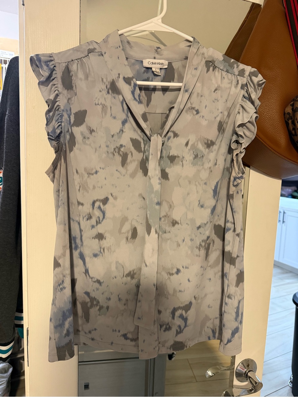 Calvin Klein Pale Blue and Gray Tie-Neck Ruffle Sleeve Blouse